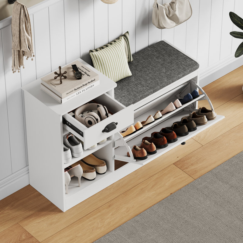  Shoe Storage Bench, Modern Wooden Shoe Cabinet With Flip Drawer And Adjustable Shelf,Off-White, Off White