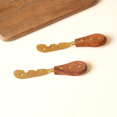 Set of 2 Cheese Shaped Spreaders Steel Blades and Mango Wood Handles