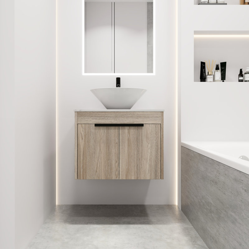 Meuble-lavabo mural moderne 24 po avec chêne blanc, lavabo vasque en céramique, armoire à fermeture en douceur, style flottant, 2 portes de rangement, grand espace, lavabo, porte en chêne à fermeture en douceur, poignées en métal,