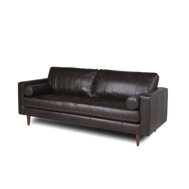 Modern Sofa Mid-Century Tufted Leather Sofa, Espresso