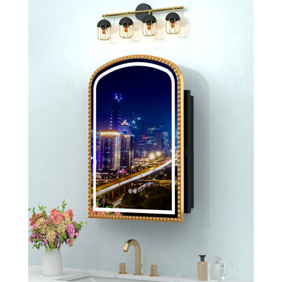 20x28 Inch Arched Medicine Cabinet with Mirror and Lights, LED Bathroom Mirror Cabinet with Defogging & Touch Light, Surface Mount and Recessed with 1 Storage Organizer, Daisy Beaded Frame Bling Gold