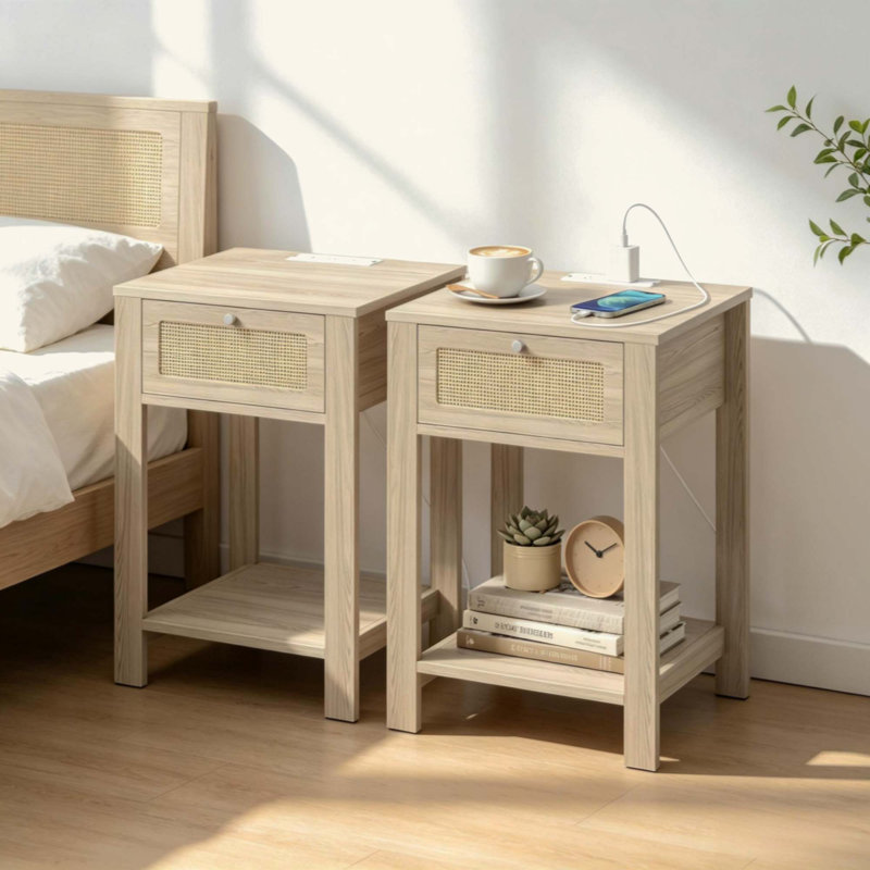 2 pièces, table de bout, table de chevet avec station de charge, tiroir et tablette ouverte