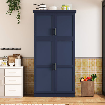 35.5X17.6X70.9Inch Freestanding Storage Cabinet With 4 Doors, 2 Door Shelves, And 8 Pull - Out Trays For Bulk Groceries Blue Kitchen Built In Bottom Shelf