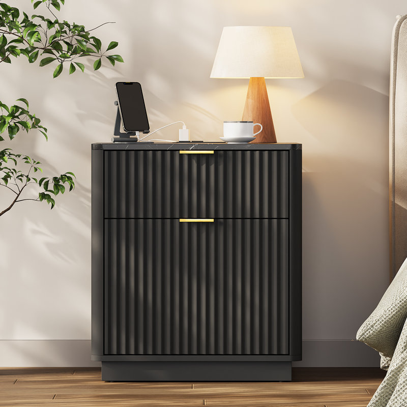 Valerica Fluted Nightstands with Charging Station, Black