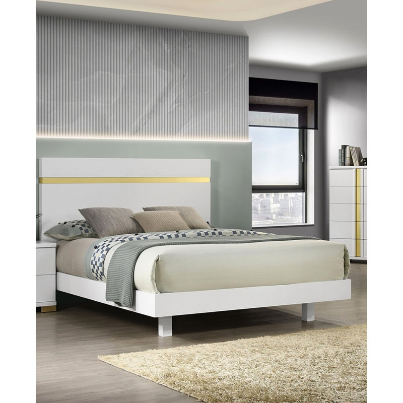 Cadre de lit double contemporain de style contemporain, finition blanche, DEL sous le lit, bois d'ingénierie, métal, garniture en acrylique, conception blanc / or pour matelas,