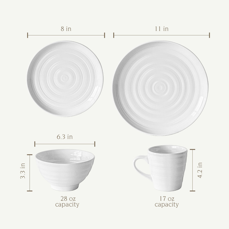 16 Piece Stoneware Dinnerware Set - Service for 4, White
