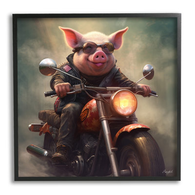 Az-168-Framed " Biker Pig On Motorcycle " by Roozbeh