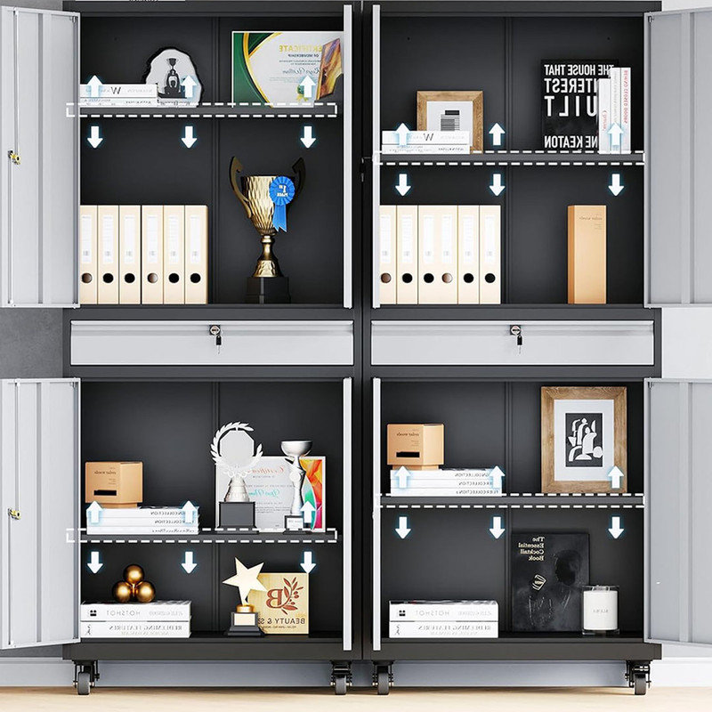 Metal Garage Storage Cabinet with Locking Doors and Adjustable Shelves, Rolling Tool Storage Cabinet with 4 Wheels and 1 Drawer