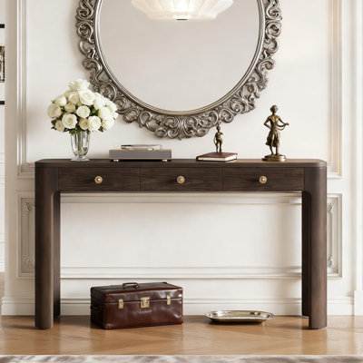 Rustic Console Table With Curved Corners For Safety, Entryway Table With 3 Concealed Drawers, Sturdy Sofa Table With Thick Legs For Hallway & Living Room (Espresso)