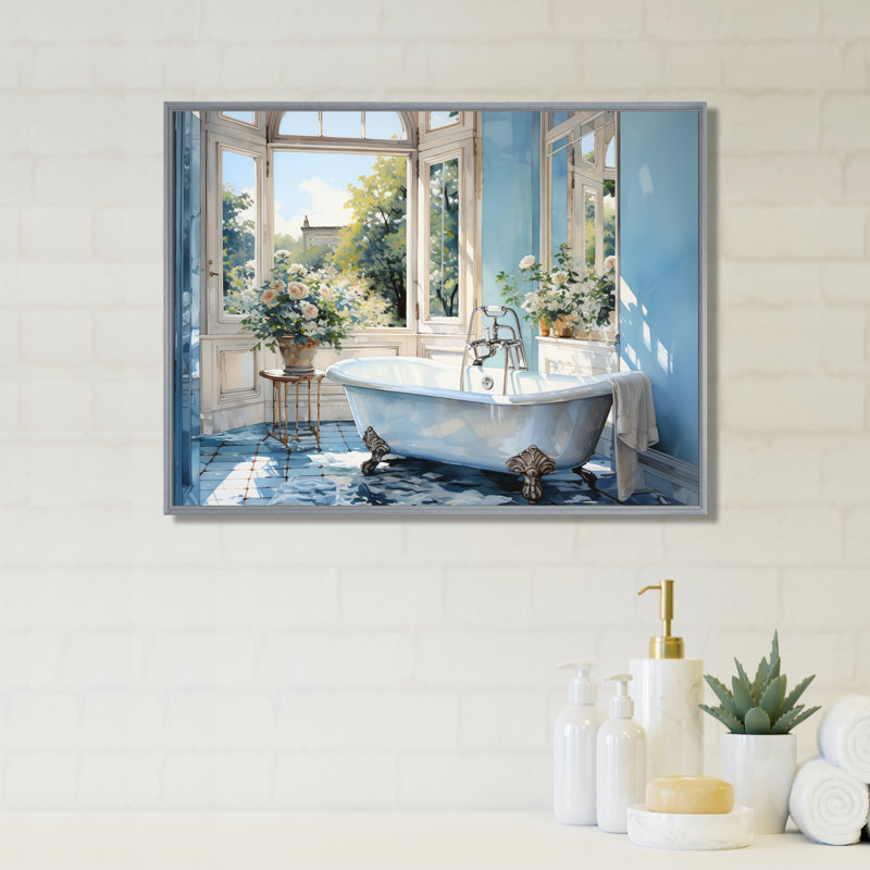 «Bathroom Tranquil Reflections I» - décoration murale pour salle de bain, H 24 po x l 32 po x P 1 po, Encadrement argenté