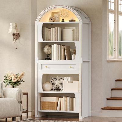 70.3" Tall Arched Bookcase, 6-tier Book Shelf With Led Lights, Farmhouse Arched Bookshef With Open Shelves and Drawer, Large Wood Storage Bookcase
