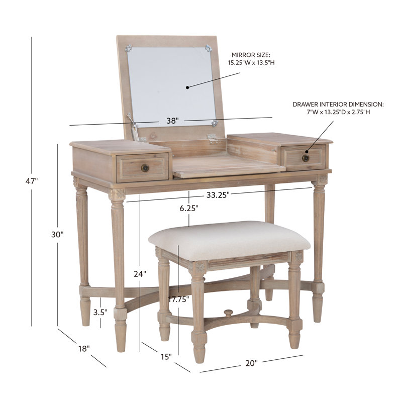 Cyndi Gray Wash Traditional Flip Top Vanity Set with Brass Accents