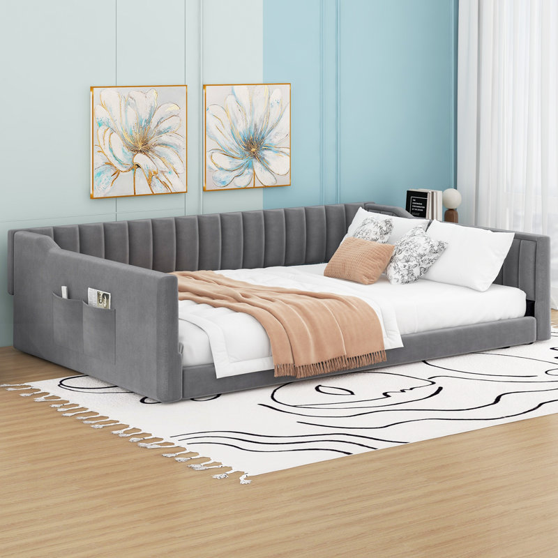 Upholstery Daybed With Side Storage Pockets, For Guest Rooms And Extra Sleeping Space, Full XL, Gray