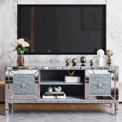 Mirrored TV Stand with Crushed Diamond Glass Doors - Modern Media Entertainment Center for Living Room, Adjustable Storage TV Console Table for 65-Inch TV