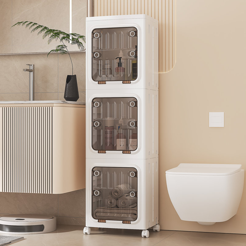 Foldable Vertical Plastic Bathroom Storage Cabinet With Wheels Freestanding Slim Organizer Bins For Small Bathrooms, Laundry, Dorms, And Apartments