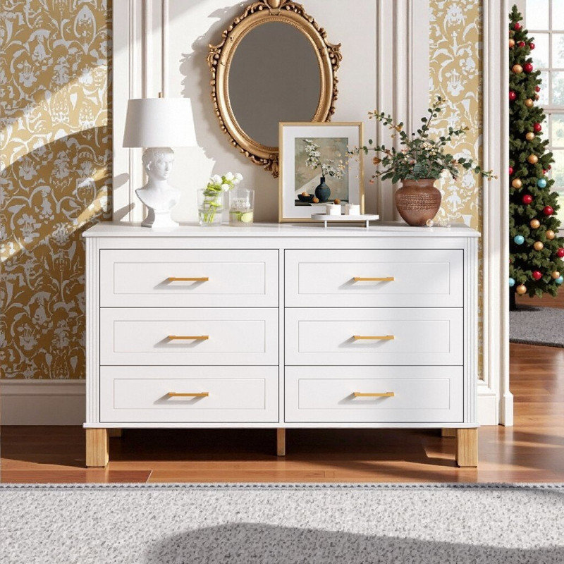 Scrigno 6-Drawer Double Dresser With Solid Wood Frame & Metal Handles, 47.24 L Storage Cabinet, White