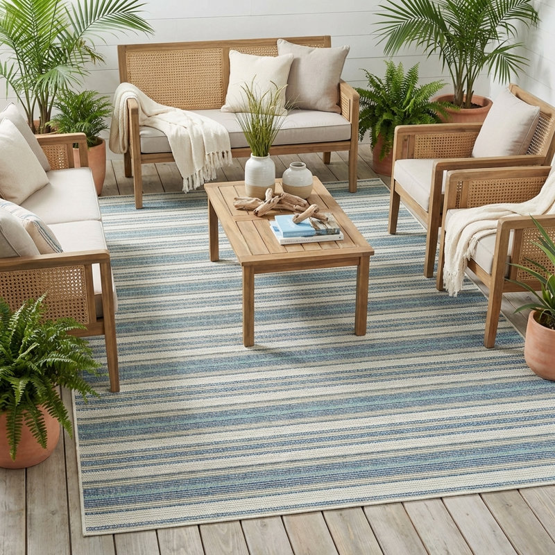 Broddrick Striped Ivory Sand Azure Indoor Outdoor Area Rug, Rectangle 5'3" x 7'6"
