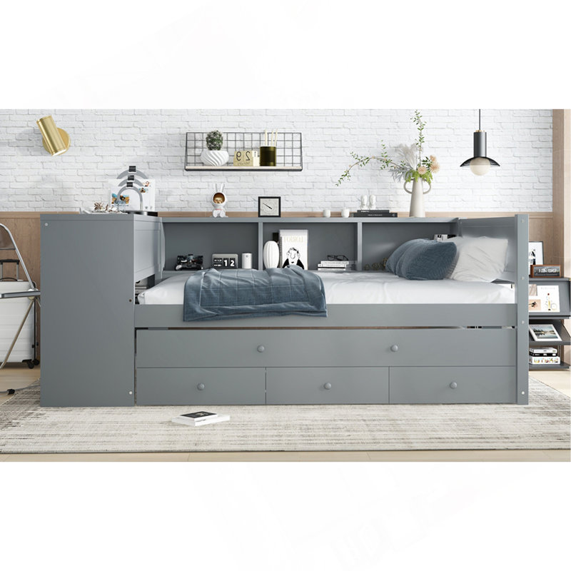 Daybed With Trundle, Wood Day Bed Frame With Storage Drawers And Side Shelves, Daybed With Desk, No Spring Box Needed, Gray