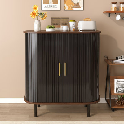 Fluted Wine Bar Cabinet with 8-Grid Wine Rack, 5-Level Adjustable Shelves, 2 Glass Holders, Smoothly Sliding Tambour Doors, 4 Hidden Storage Space on the Side, Modern Liquor Coffee Station