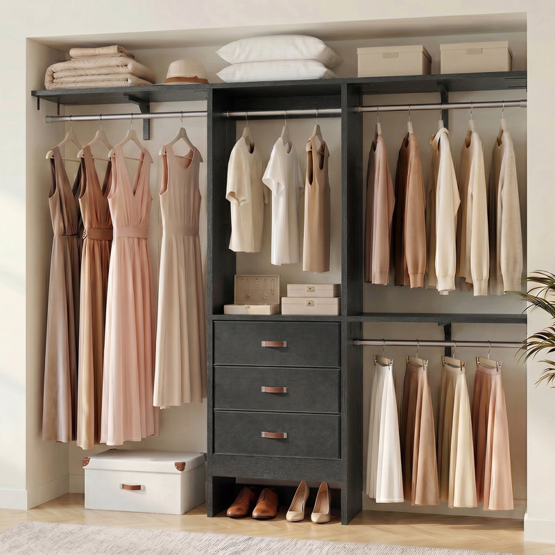 Nakada 19'' - 59" W Closet System with Drawers and Hanging Rods(cut To Fit), Black