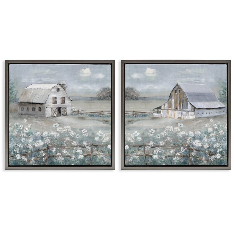  Ensemble de 2 toiles flottantes encadrées Country Meadows with Barns par Sally Swatland, H 25 po x l 25 po