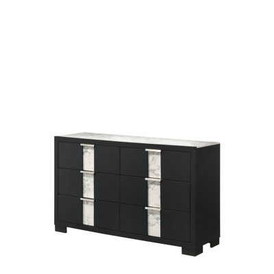 Commode contemporaine 1 pièce à six tiroirs avec boutons en métal noir et blanc