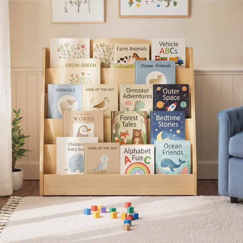 5 Tier Natural Kids Storage Bookshelf with Anti Tip Kit for Kids Room, Natural