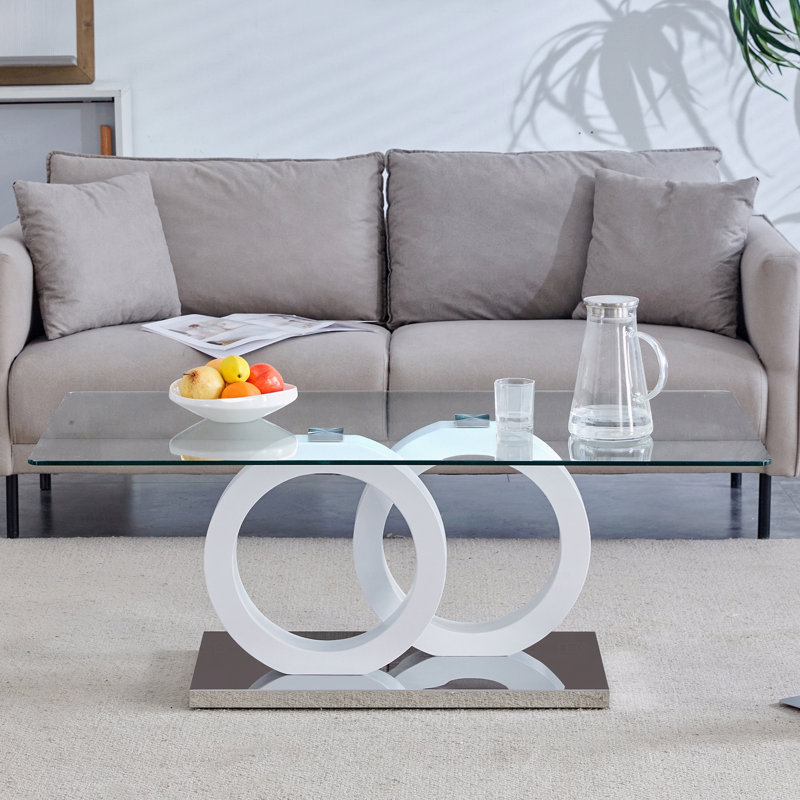 Table basse en panneau de fibres à densité moyenne, plateau en verre de style contemporain avec base blanche
