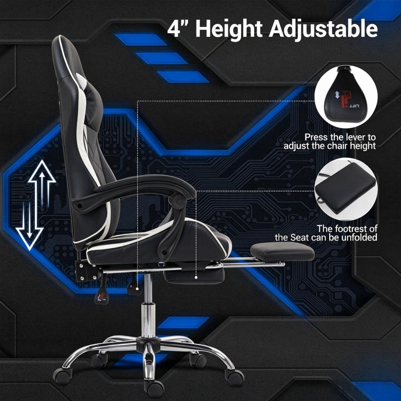 Gaming Chair with Massage Lumbar Support Ergonomic Video Game Chair for Adults, Adjustable Headrest & Footrest, 90-135° Recline, 360° Swivel, Grey