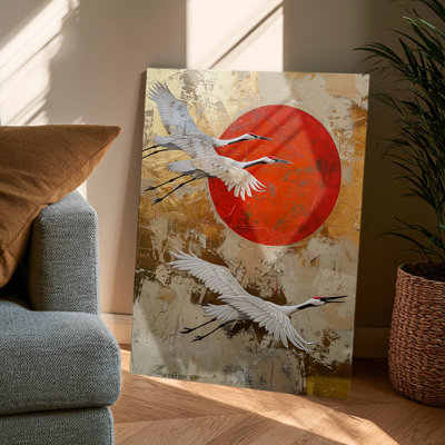 Modern Abstract Japanese Cranes Flying Sun Gold Foil Graphic Art - Living Room & Bedroom Wall Decor