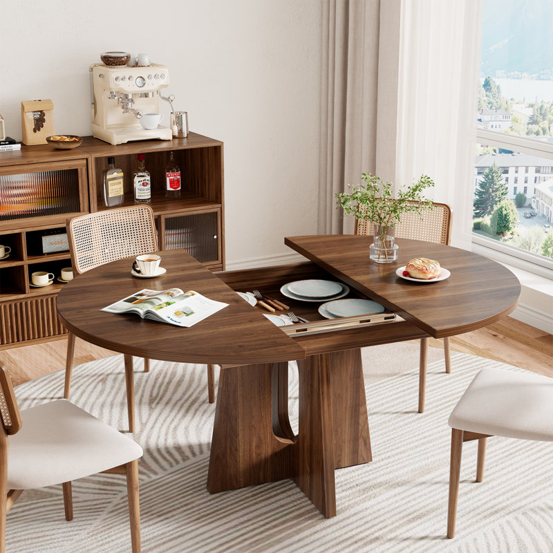 59-Inch Extendable Round Dining Table For  4-6 People For Dining Room, Light Brown