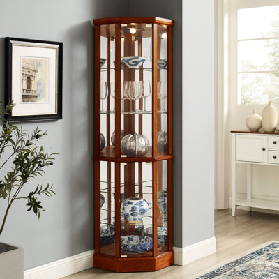 Vitrine lumineuse avec 6 tablettes, verre ajustable, dossier en miroir, tablette décorative en chêne dans le dos et verre