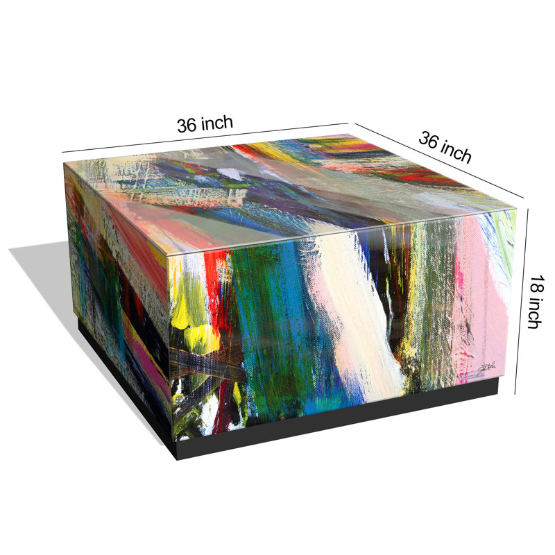 Abstract Multicolor Glass and Wood Cocktail Table