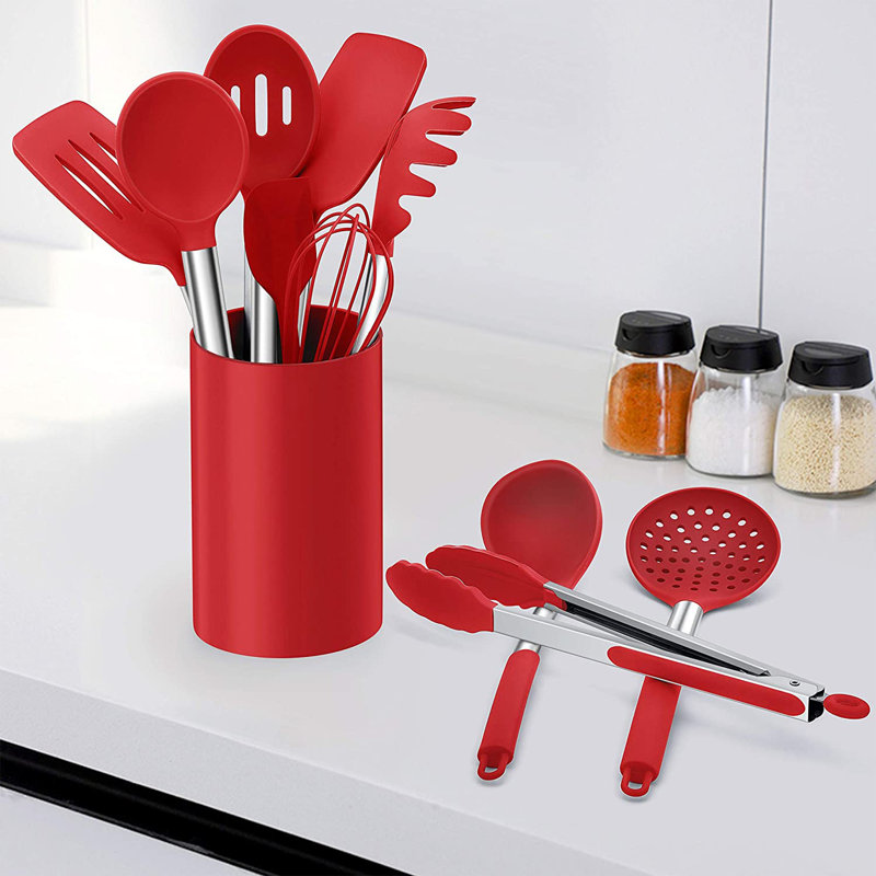 Ensemble de 27 ustensiles de cuisine en silicone, acier inoxydable, résistant à la chaleur antiadhésif, rouge