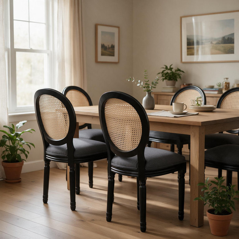 Ensemble de 2 chaises de salle à manger de style campagnard français, dossier en rotin, assise rembourrée, structure en bois massif