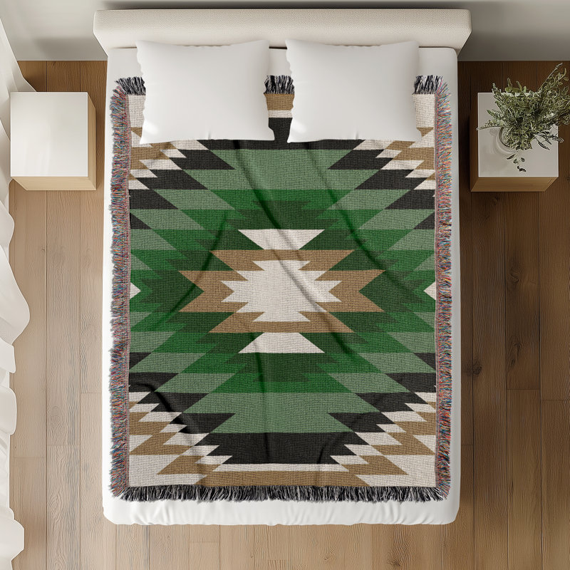 Zio South Western Cotton Blend Blanket Throw, 80" L x 60" W, Green/Off-White/Dull Gold