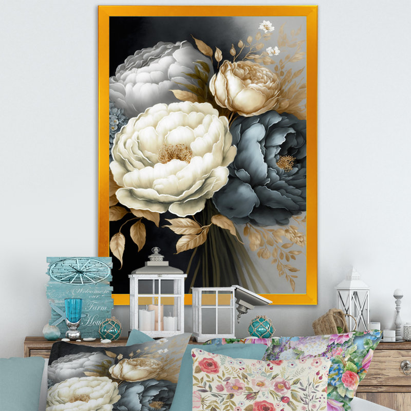 Bouquet de pivoines blanches, bleues et grises III - Impression sur toile, Cadre photo doré, H 32 po x l 16 po x P 1 po