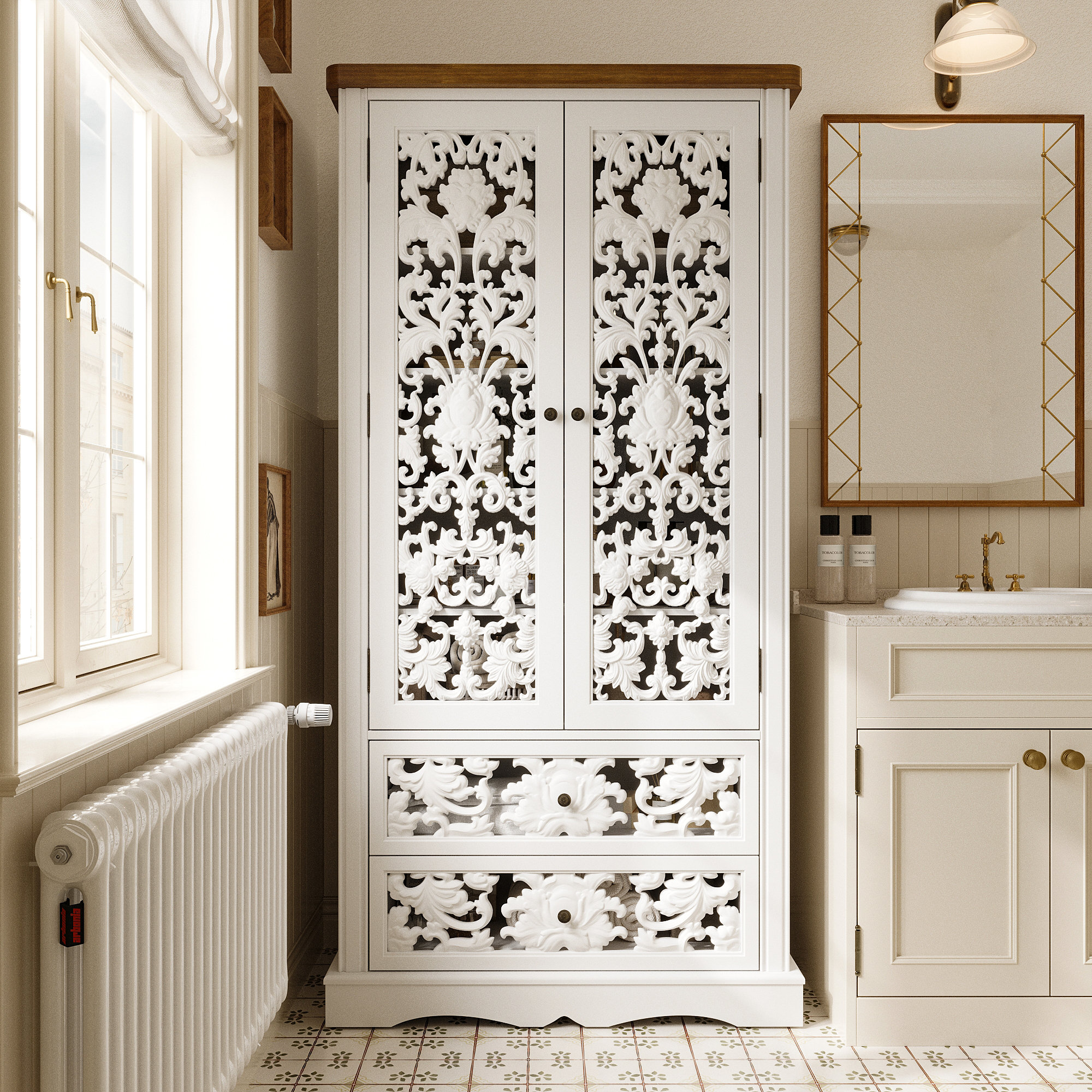 Elegant Two-Door Bathroom Cabinet with Cutout Panels \u0026 Dual Drawers One Allium Way, image size:2000x2000