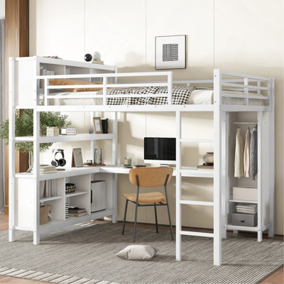 Metal Loft Bed With Wardrobe And L-Shaped Desk, Queen Size Loft Bed With Storage Cubes And Shelves, Heavy Duty Loft Bed For Teens Adults