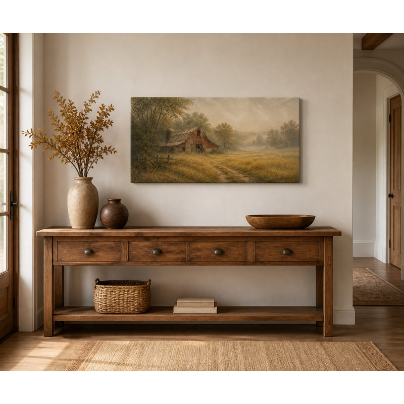 Tableau panoramique sur toile tendue représentant une grange champêtre dans la brume matinale, H 20 po x l 40 po x P 1,5 po