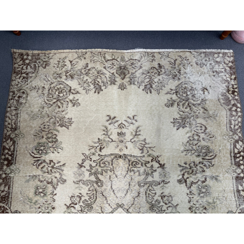 Élégant tapis en laine beige, tapis décoratif floral 1,5 x 2,3 pi