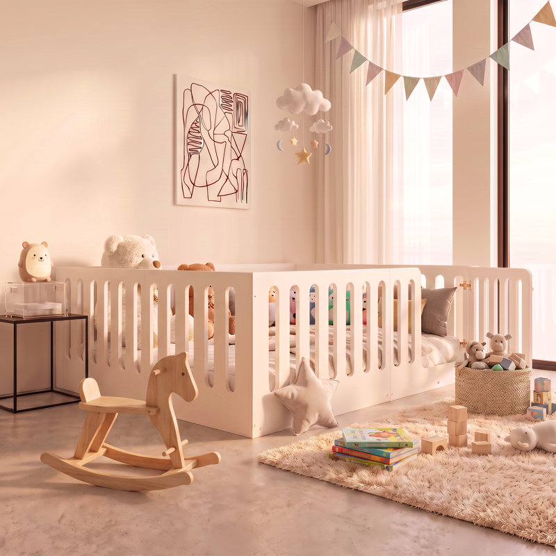 Grand lit sur pied Montessori certifié PCC avec garde-corps pleine grandeur et porte d'accès, structure de lit pour enfant en bois massif à profil bas, aucun sommier requis, blanc