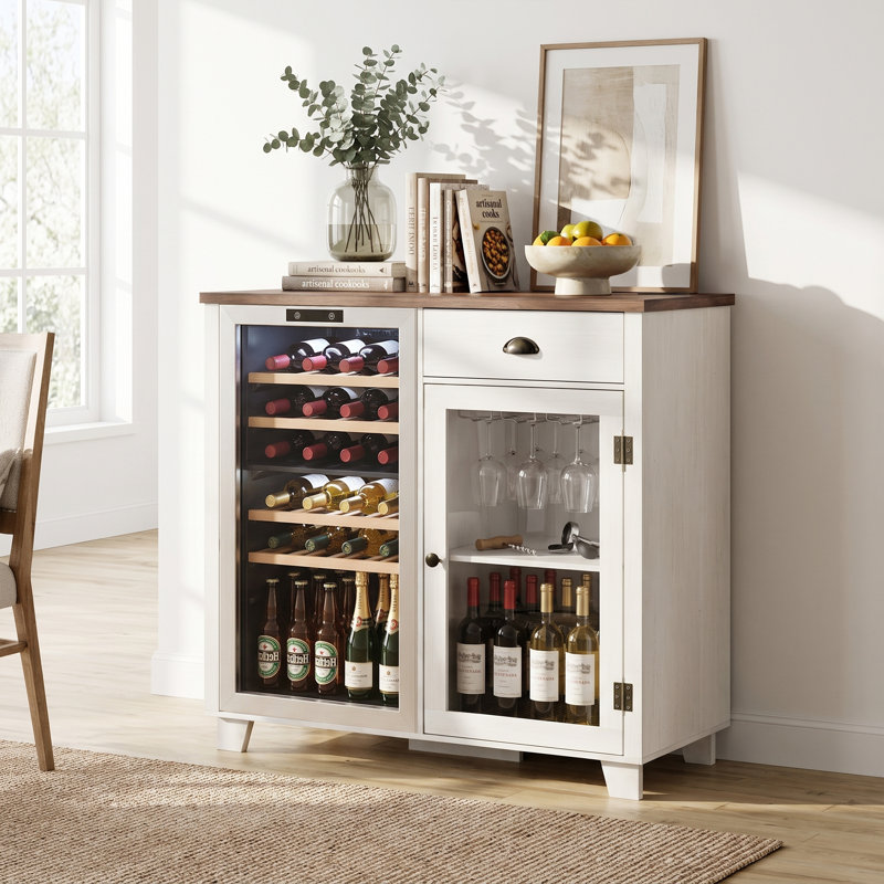 Îlot de cuisine de 41,7 po avec mini-réfrigérateur et armoire à café avec prise de courant intégrée, Beige, L 41,7 po