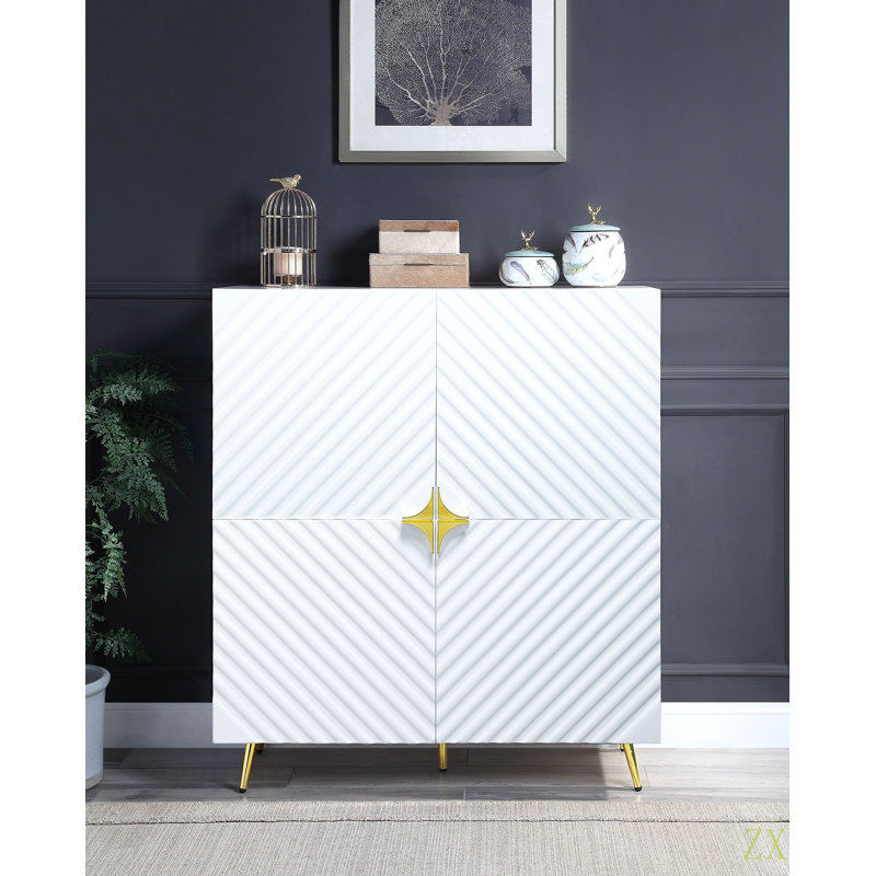 High Gloss Finish Accent Cabinet With Wave Pattern Design, Four Doors And Adjustable Shelves, White 