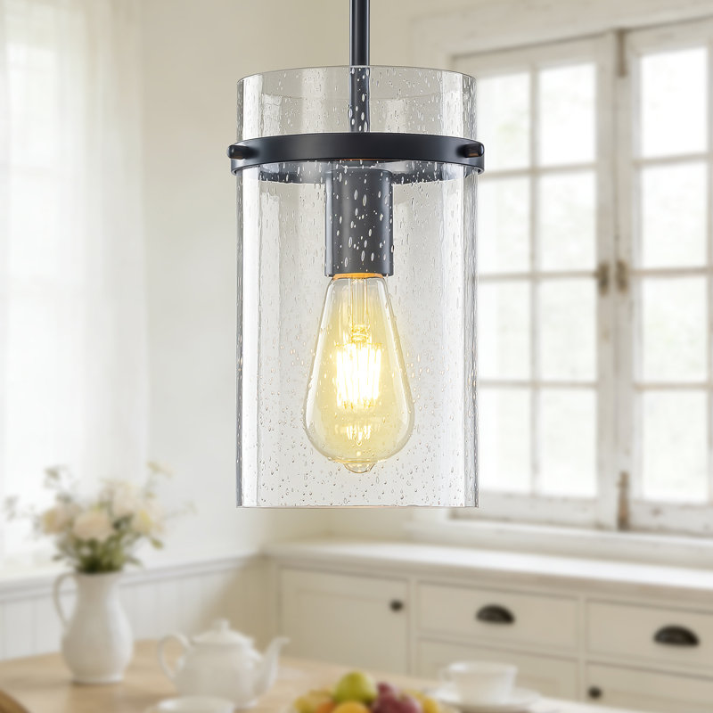 Cylon 1 - Light 5.5'' Seeded Glass Cylinder Pendant For Kitchen Island, Matte Black