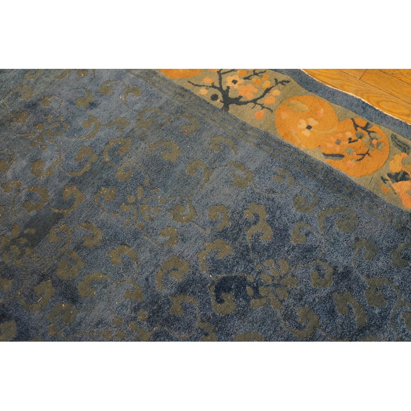 Blue Color Silk Pile Antique Minimalist Chinese Area Rug