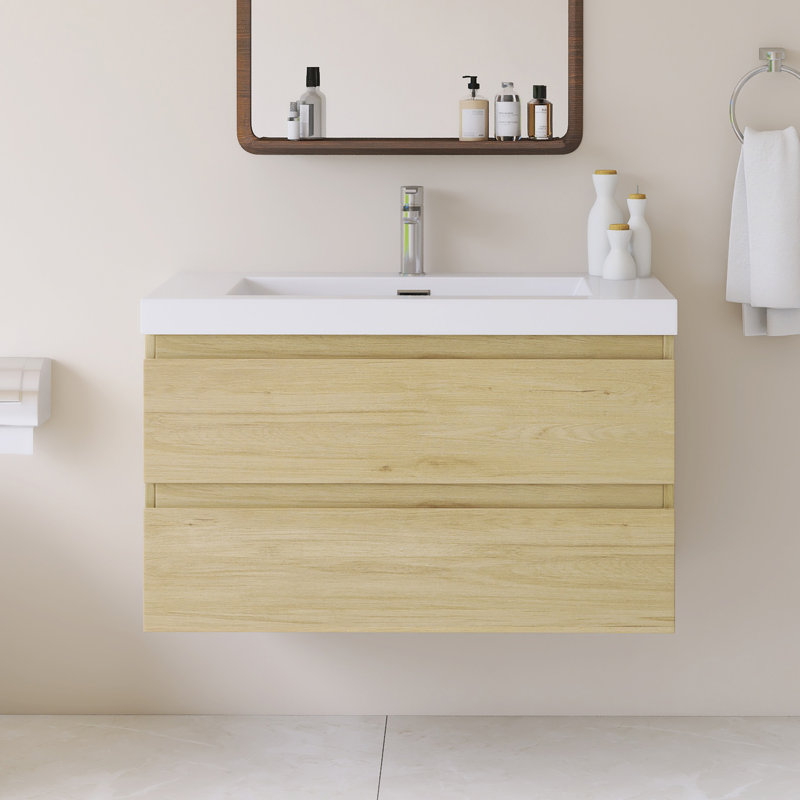 Meuble-lavabo mural simple avec plateau en résine intégré blanc, Jaune, 36"
