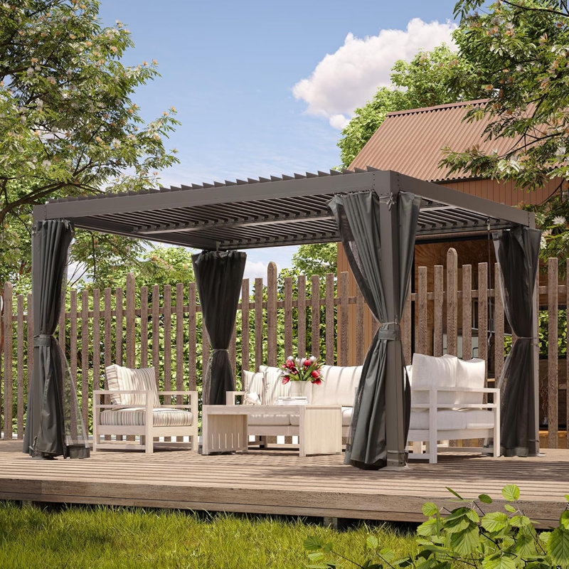 10 × 10ft Aluminum Louvered Pergola with Adjustable Roof, Privacy Curtains and Netting for Patio, Deck, Garden, Yard and Beach