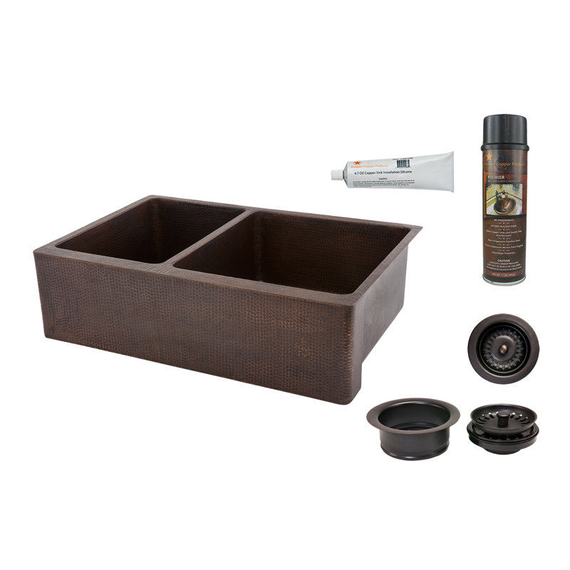 33" Hammered Copper Kitchen Apron 40/60 Double Basin Sink with Matching Drains, and Accessories