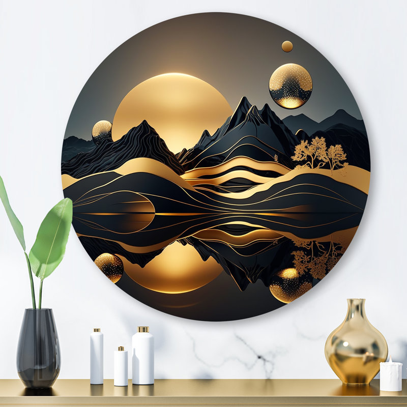 «Gold Metallic Beach View V - Minimalisme», art mural rond en métal, H 29 po x l 29 po x P 1 po